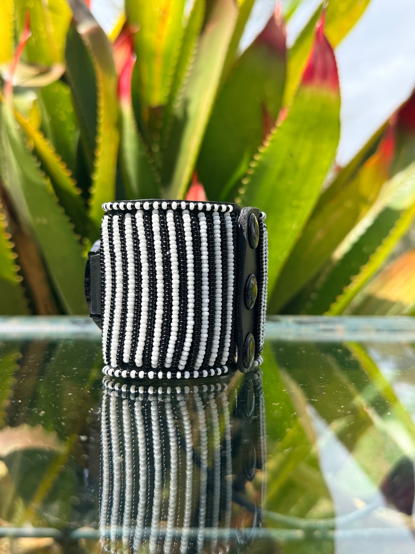 Resian | White & Black Stripped Beaded Watch